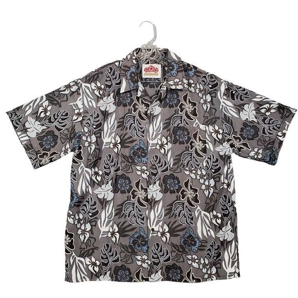 North Shore Surf Mens Large Button Up Hawaiian Shirt Nylon Gray White Blue USA - Picture 1 of 9